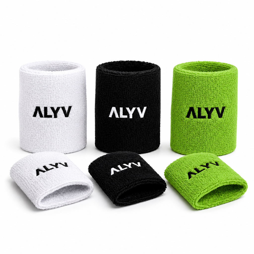 ALYV Sports Wrist Sweatband- pack of 3 green, Black, White