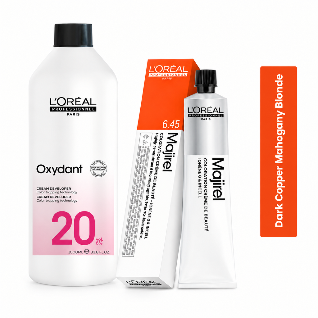Loreal Majirel Hair Color Shade 6.45 Dark Copper Mahogany Blond + 20Vol Developer 1000ml Combo