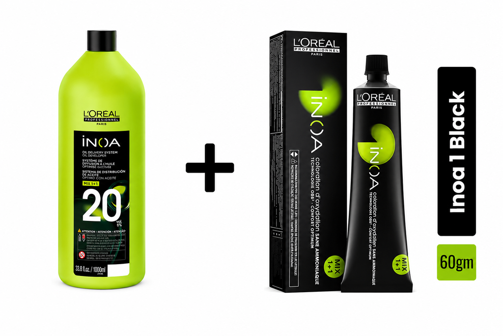 Loreal Inoa Hair Color 60G Shade 1 Black + Developer 1000ml Combo