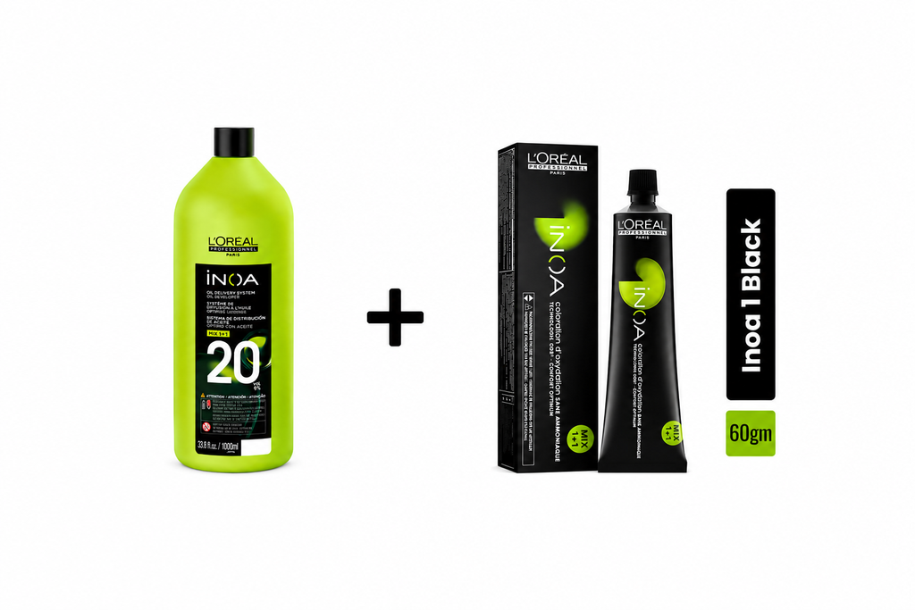 Loreal Inoa Hair Color 60G Shade 1 Black + Developer 1000ml Combo