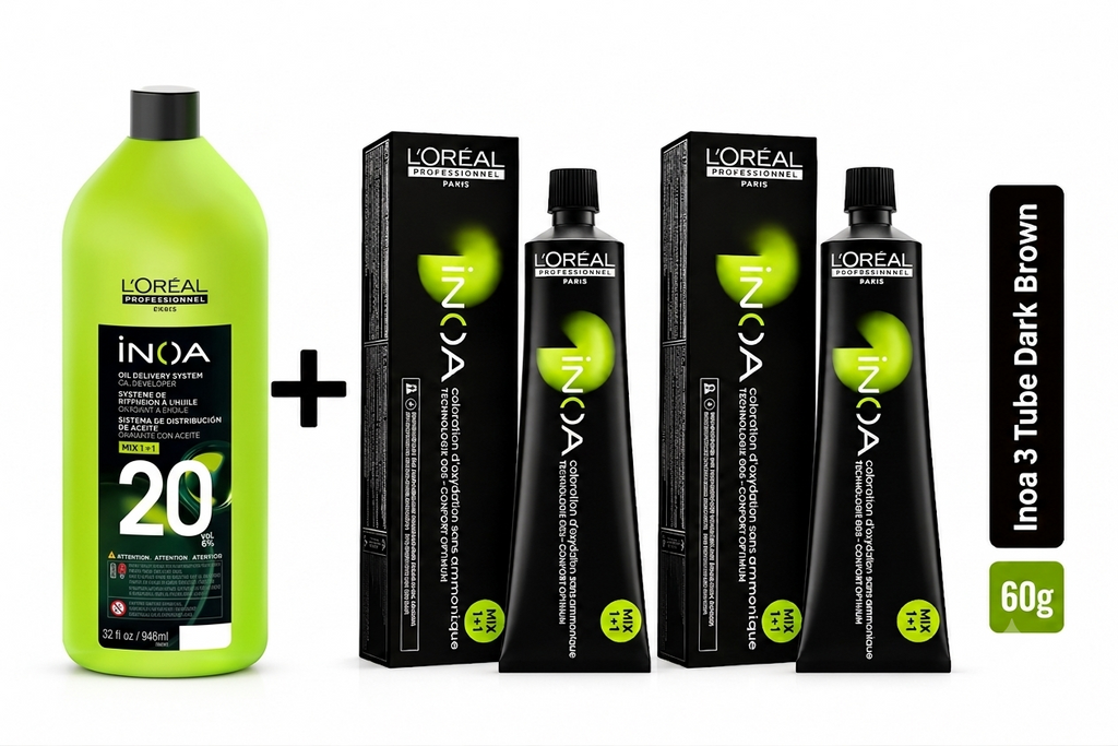 Loreal Inoa Hair Color 60G Shade 3 Dark Brown (2 Tubes + Developer 1000ml Combo)