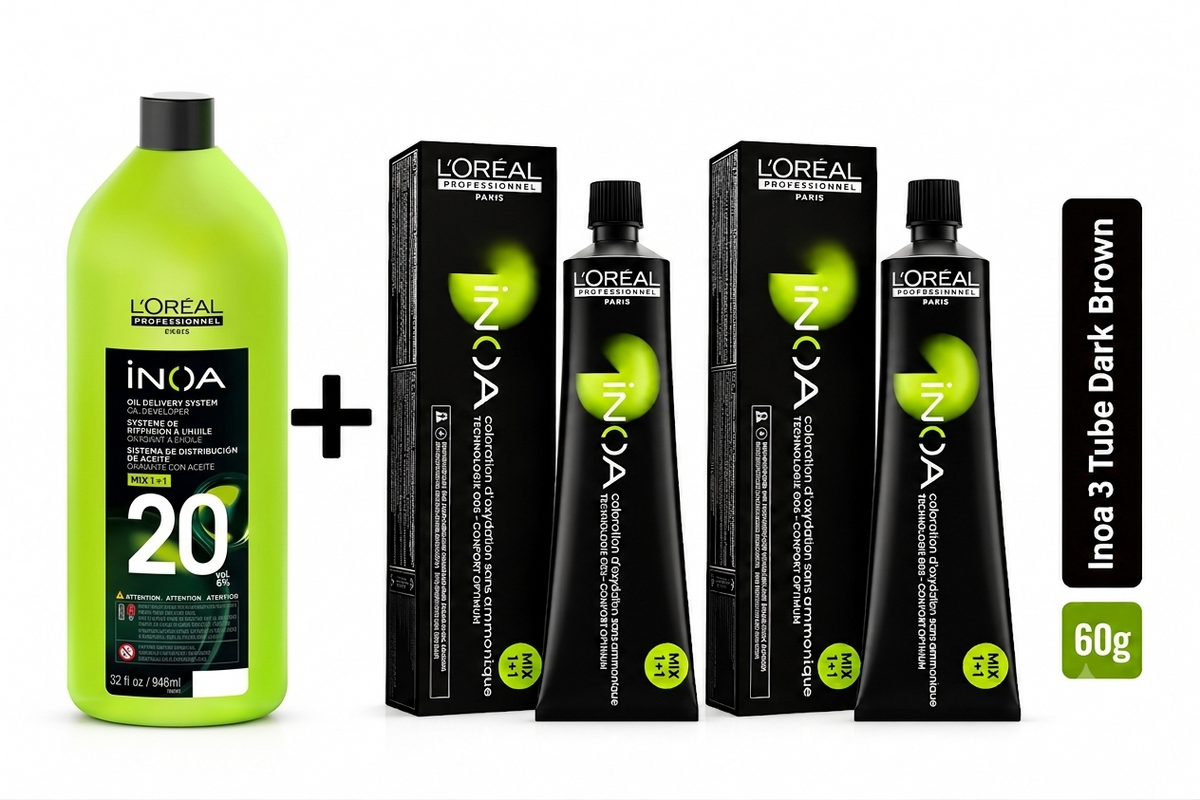 Loreal Inoa Hair Color 60G Shade 3 Dark Brown (2 Tubes + Developer 1000ml Combo)