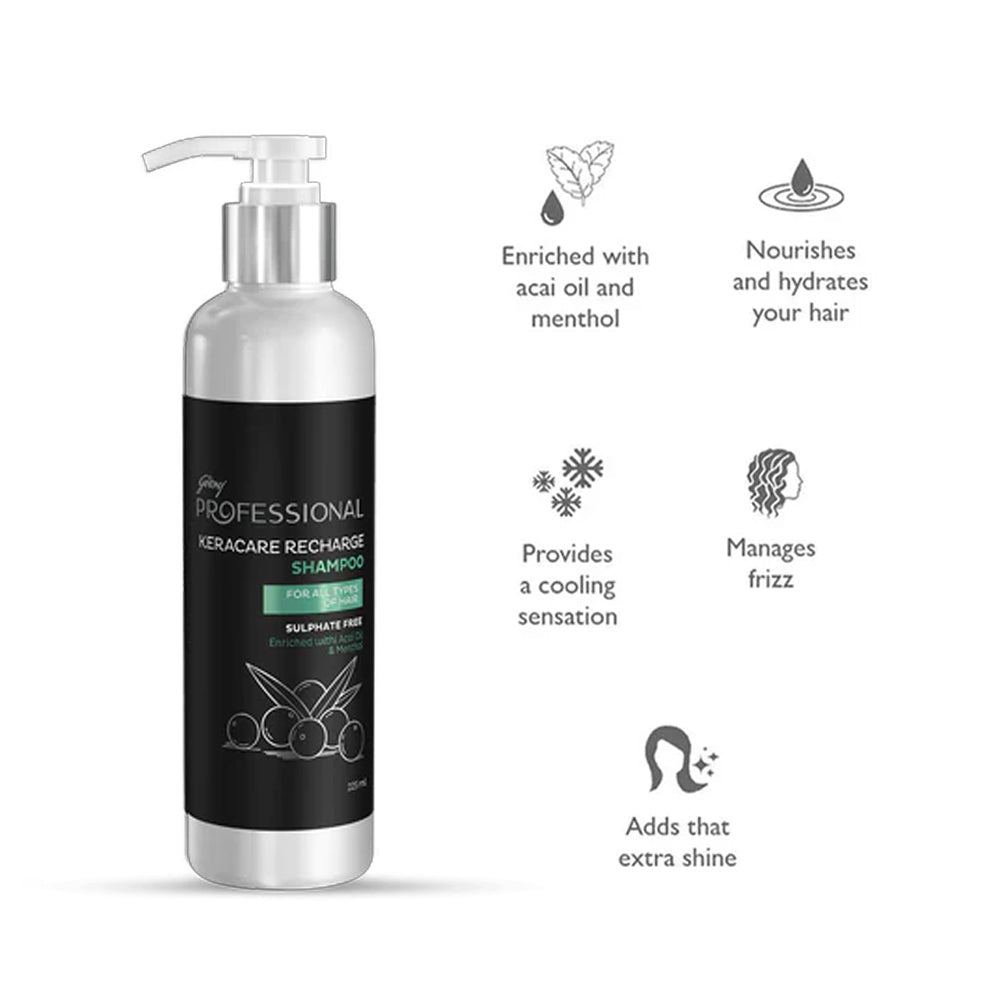 Godrej Professional Keracare Recharge Sulphate Free Shampoo, With Acai Oil And Menthol 225Ml