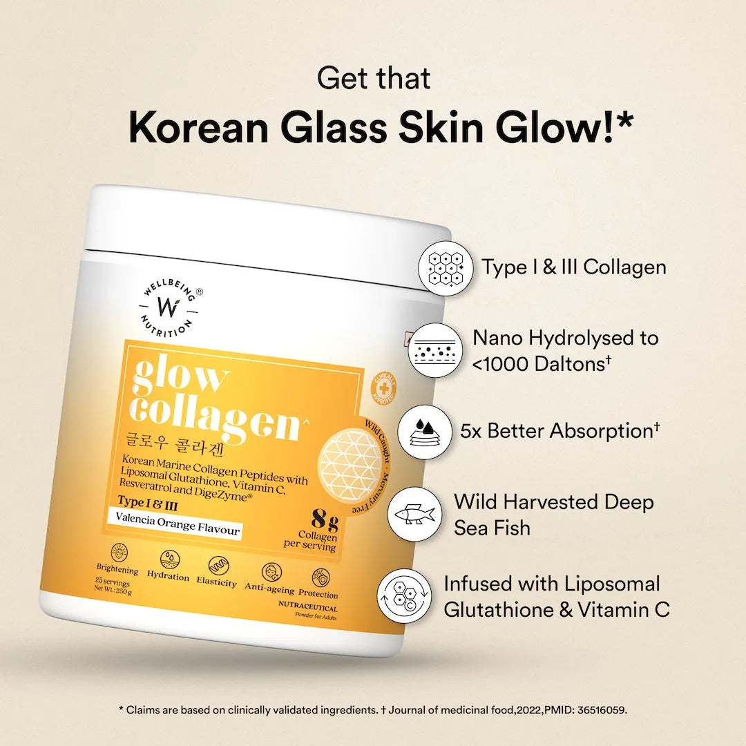 WELLBEING NUTRITION Glow Korean Marine Collagen Peptides-Valencia Orange flavor-250g