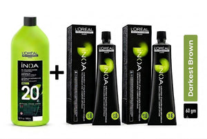 Loreal Inoa Hair Color 60G Shade-2 Darkest Brown (2 Tubes + Developer 1000ml Combo)