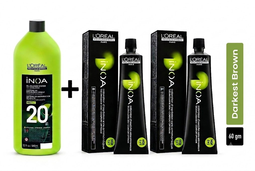 Loreal Inoa Hair Color 60G Shade-2 Darkest Brown (2 Tubes + Developer 1000ml Combo)